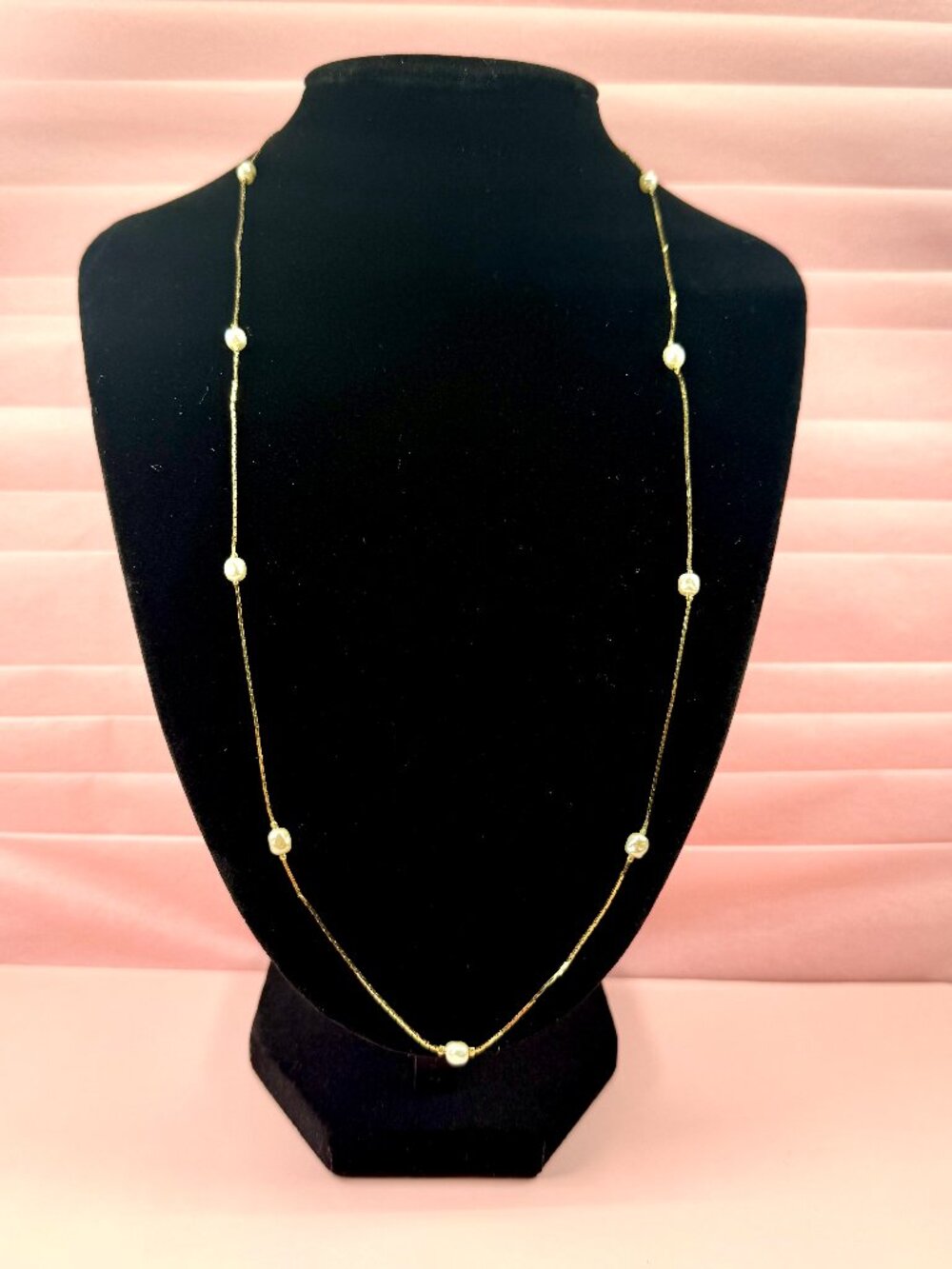 Vintage Marvella Gold Tone Long Dainty Pearl Beads Station 22" Necklace